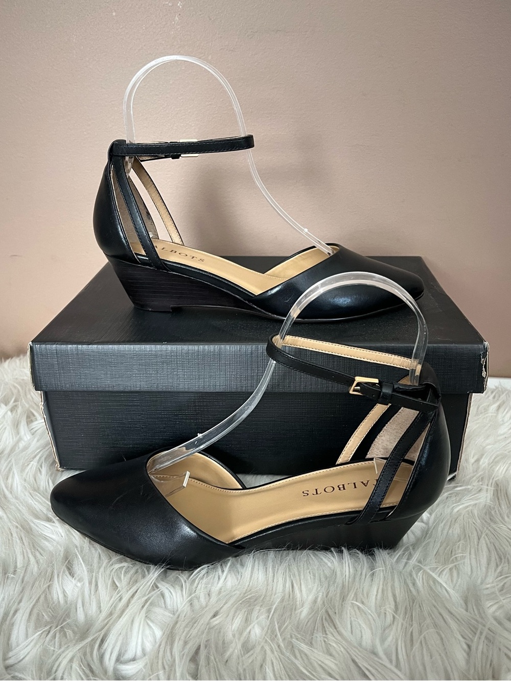 {Talbots} Laney D'Orsay Leather Wedges with Ankle Strap in Black - Womens 7M